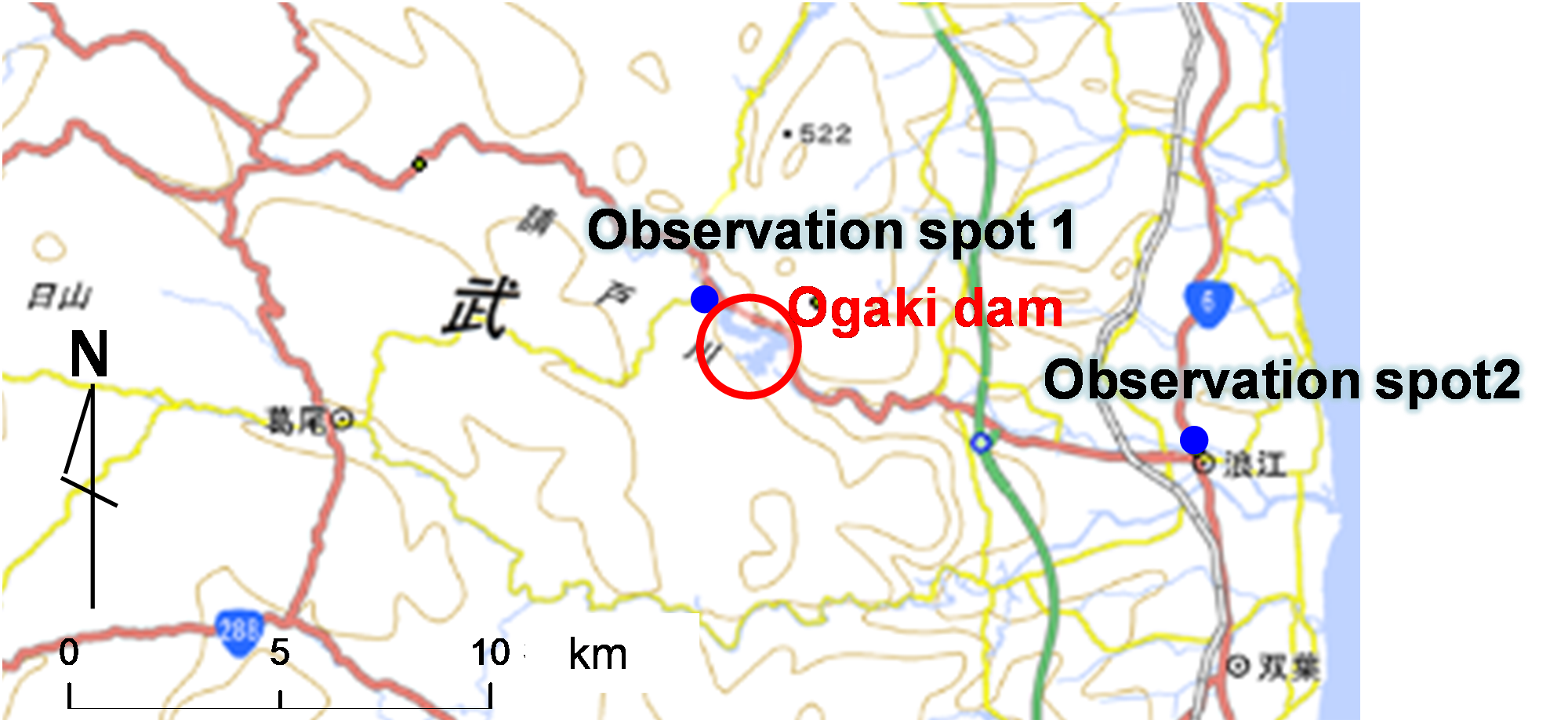 Map of observation spots upstream (spot 1) and downstream (spot 2) of the Ogaki dam