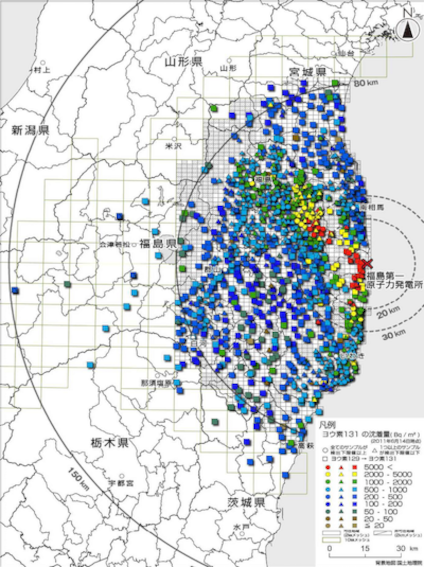 ヨウ素131の降下量の分布