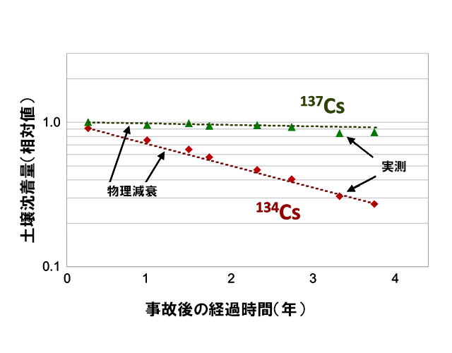 平均的な放射性セシウム沈着量の時間による変化