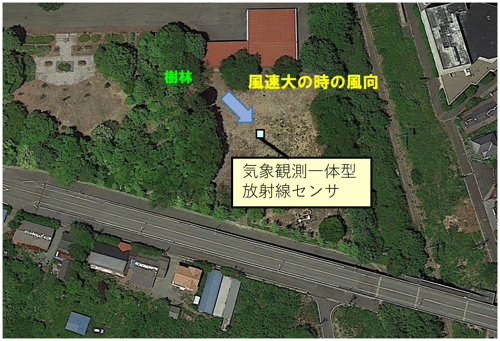 大熊町役場東側公園の観測装置設置場所(西側に樹木がある)