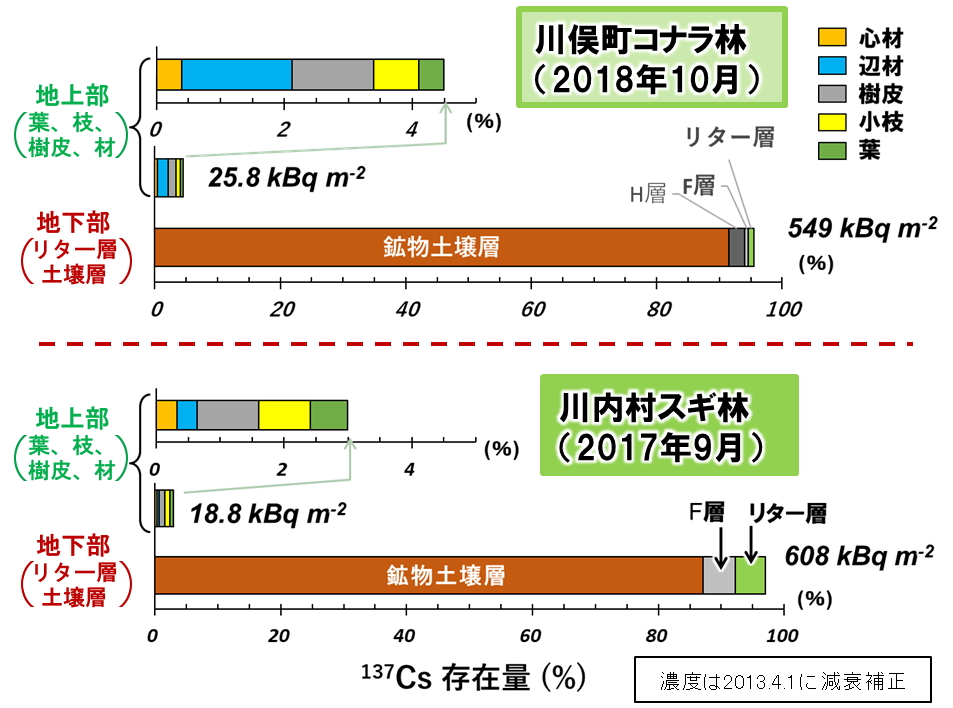 森林の地上部（樹木）および地下部（リター層、土壌層）のセシウム分布