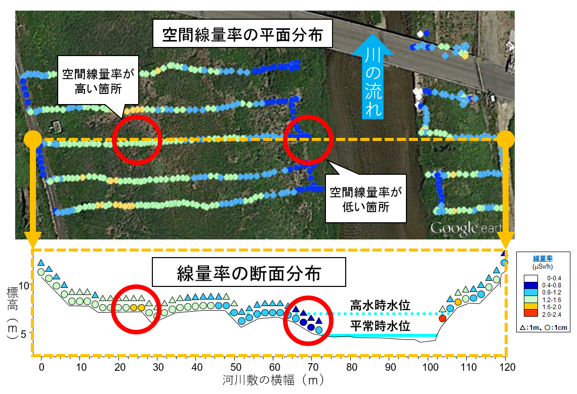 高瀬川河川敷(高瀬橋付近)の線量率分布(上:平面分布、下:断面分布)
