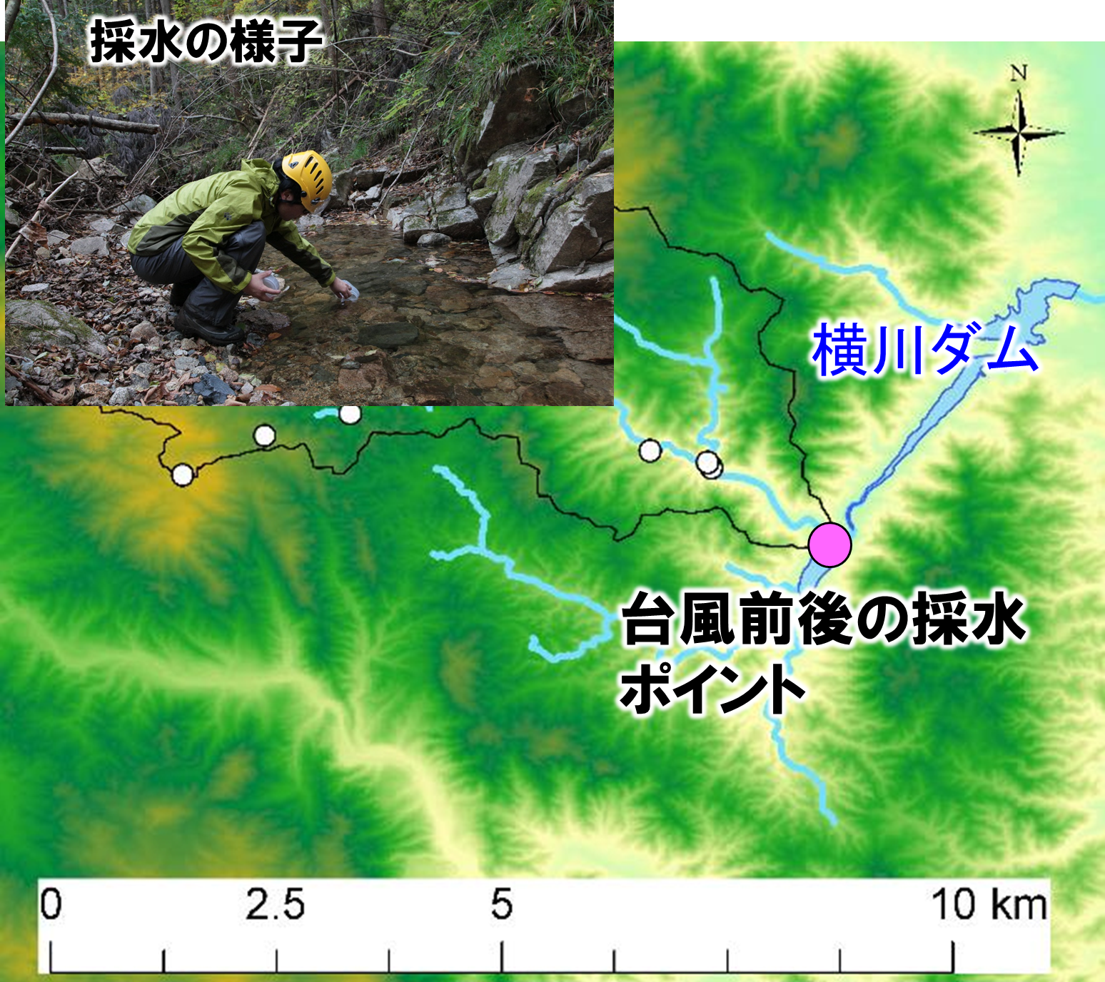 台風前後の採水ポイントと採水の様子