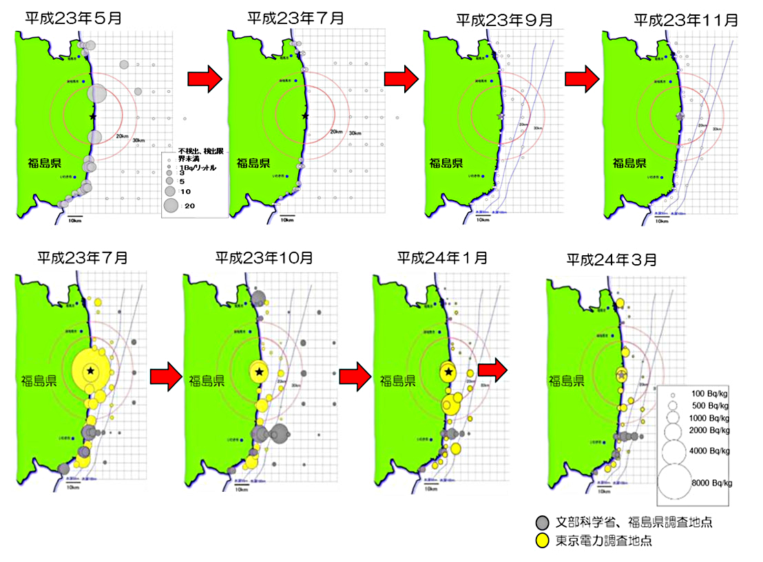 福島県沖の海水中(上)及び底質中(下)の放射性セシウム濃度経時変化
