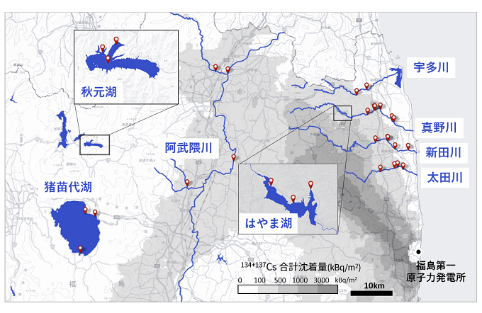 データ解析に用いた福島県における環境省水生生物モニタリングのサンプリングサイトの画像